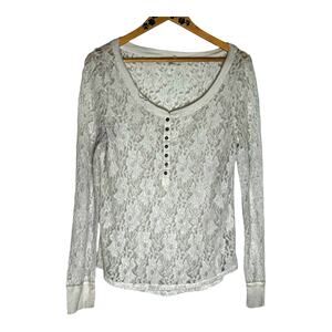 Aeropostale Women’s White Lace Sheer Top  Long Sleeve Henley Boho Chic - Size XL